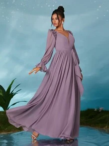 Women's Frill Trim Lantern Sleeve Chiffon Maxi Dress - Dusty Purple - View 4