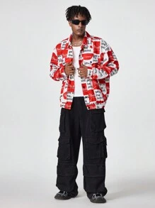 Manfinity VCAY Áo khoác nam tay dài cài nút họa tiết chữ và kẻ caro thời trang dạo phố, dành cho mùa thu đông - Đỏ - Xem 4