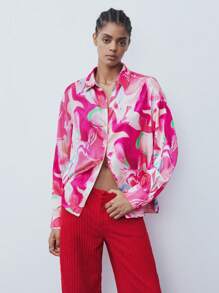 Maija Women's Floral Print Button Front Long Sleeve Shirt, Casual Daily Wear