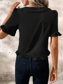 SHEIN Clasi Blusa negra elegante con cuello en V y dobladillo con volantes para mujer