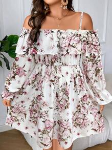 SHEIN LUNE Damen Große Größen Kleid mit Blumenmuster, Rüschen, Off-Shoulder Schnitt und Langarm, elegantes Kurzes Design - Weiss - Übersicht 5