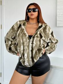 SHEIN ICON 大码羊毛字母刺绣全身印花连帽夹克，秋冬 - 橄欖綠 - 查看 2
