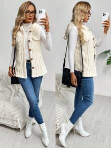 SHEIN LUNE Solid-Colored Textured Fringed Fluffy Sleeveless Front Button Hooded Vest Jacket For Women In Fall/Winter - Apricot - View 1