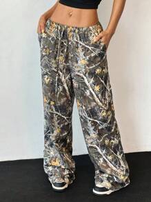SHEIN EZwear Women's Fashionable Camouflage Print Wide Leg Pants