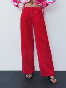 Maija Women's Solid Color Pocketed Casual Straight Leg Pants - Red - View 4