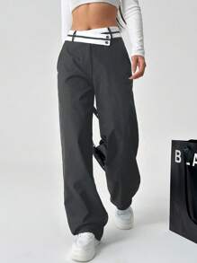 SHEIN EZwear Colorblock Asymmetrical Waist Straight Pants - Grey - View 6