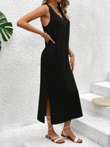 Breezaya Women V-Neck Solid Color High Slit Sleeveless Summer Dress - Black - View 3