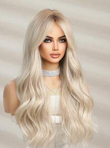 Blonde Medium Part Bangs Wigs Long Curly 26-Inch Daily Simulation Scalp Natural Woman Wigs For An Eid Gift,Cosplay, Party Wedding Hair Wigs And Daily Wear Coachella Music Festival