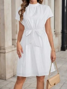 SHEIN Clasi Women's Summer White Elegant Sleeveless High Neck Tie Waist Short Romper Dress,Business Casual Teacher Outfits & Tea Party Clothes - White - View 3