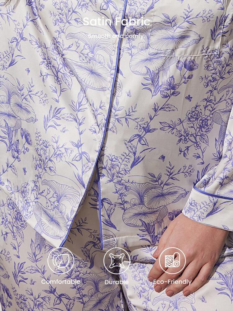 Conjunto de pijama largo de satén con estampado floral para mujer talla grande