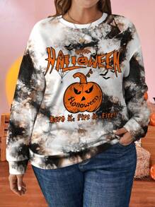 SHEIN LUNE Plus Size Women's Casual Letter Print Loose Fit Long Sleeve Crewneck Sweatshirt For Fall & Winter, Halloween