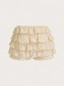 SHEIN ICON Women's Lace Contrast Ruffle Hem Low Rise Skirt - Apricot - View 3