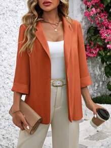 SHEIN Clasi Women's Solid Color Lapel Neck 3/4 Sleeve Elegant Blazer Jacket, Spring Fall - Chocolate Brown - View 6