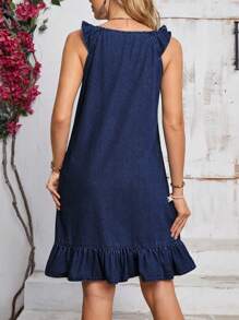 EMERY ROSE Plain Ruched Trim Wide Strap Pleated Simple Denim Dress, Casual Daily Wear - Dark Wash - View 2