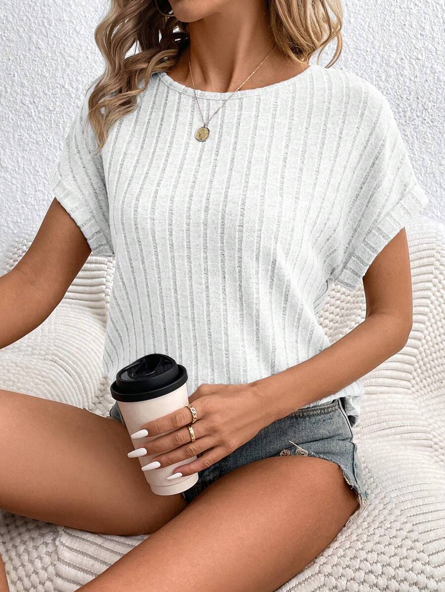 SHEIN LUNE Áo thun nữ tay ngắn có gân màu trơn cổ tròn - trắng - Xem 1