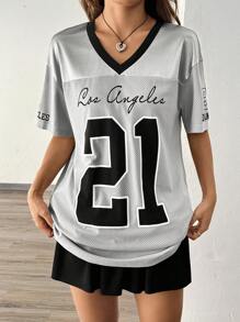 Flirla Camiseta gráfica de verano con jersey deportivo de malla relajado y contrastado, con estampado numérico vintage americano para mujeres - Gris - Ver 6