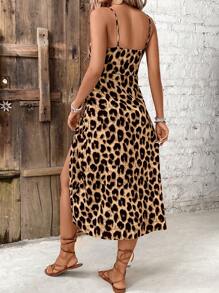 SHEIN Frenchy Women's Spaghetti Strap Backless Leopard Print Tie-Front Ruched Split Dress Brown Summer Vacation Casual Beach Holiday Resort - Coffee - View 2