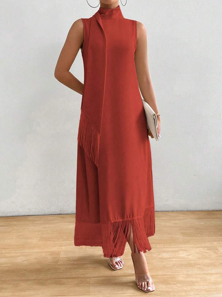 RosyDaze Vestido Longo Feminino de Cor Sólida, Simples, Decotado, Sem Mangas, com Detalhe de Franjas, Modelo Casual Diário - Marrom - Visão 5