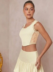 L'Amorae Rib Knit Tank With Sheer Lace Back - Apricot - View 6