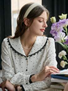 Simple Retro Ladies' Collared Polka Dot Casual Shirt - White - View 6