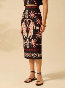 CAJUNI 女士度假休闲海滩夏季波西米亚风热带豹纹、椰子和菠萝印花黑色修身半身裙 - 彩色 - 查看 6