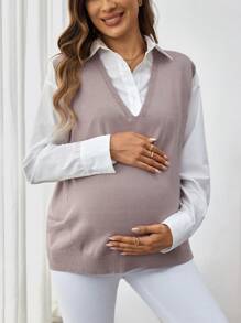 SHEIN Pregnant Women Casual Solid Color Knitted Sweater Vest, Spring & Autumn, For Maternity - Khaki - View 5