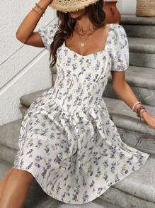 TrendSteals Women's Floral Print Short Puff Sleeve Dresses - White - View 5
