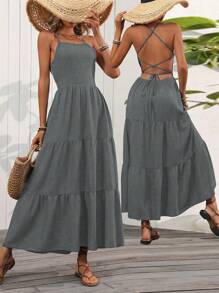 SHEIN Clasi Cross-Strap Backless Spaghetti Strap Dress For Summer Vacation - Grey - View 1