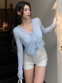 DAZY Women's Lace Splice Drawstring Tie Cuff Blouse Long Sleeve Women Tops,Fall Women Clothes
