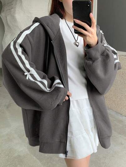 DAZY 女士宽松长袖连帽运动衫，带蝴蝶结装饰，长袖上衣，秋季女装夹克拉链