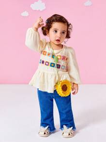 SHEIN 2pcs Baby Girls' Casual Patchwork Knit Sweater Top And Flared Jeans Pants Set, Fall/Winter - Multicolor - View 6