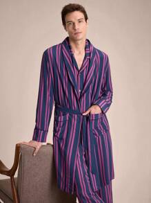 EverLounge Men's Striped Print Pocketed Front Button Belted Long Sleeve Robe - Multicolor - View 6