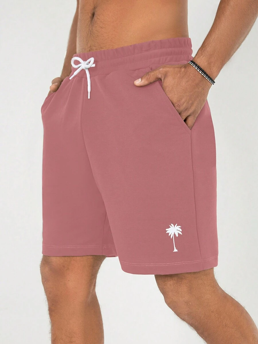 EURMUSE Men's Palm Tree Printed Drawstring Elastic Waist Loose Shorts For Vacation - Pink - View 1