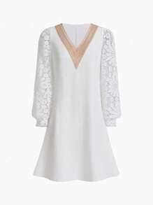 Chiquease Elegant Long Sleeve Lace Splicing V-Neck Dress - White - View 8