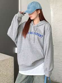 Dazy X KIMYOUJUNG Collection Women's Letter Embroidered Loose Hooded Celebrity Sweatshirt,Fall Clothes Hoodies - Light Grey - View 5
