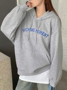 Dazy X KIMYOUJUNG Collection Women's Letter Embroidered Loose Hooded Celebrity Sweatshirt,Fall Clothes Hoodies - Light Grey - View 7