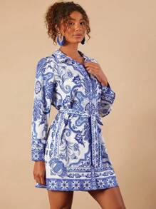 Travachic 女士花卉印花长袖衬衫和休闲短裙，秋季女装 - 藍白色 - 查看 4