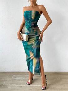 SHEIN PETITE Women's Elegant Tie-Dye Strapless Bodycon Dress Maxi Women Outfit