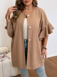 Flirla Plus Size Solid Color Ruffle Sleeve, Pearl Decor Button Coat, Autumn Winter - Khaki - View 5