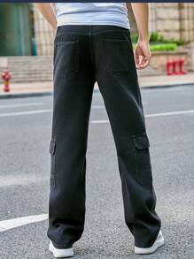 Claim Dot Pantalones vaqueros casuales rectos y sueltos con bolsillos cargo versátiles para hombres - Negro - Ver 2