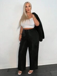 SHEIN SXY Plus Size Solid Color Multi-Pocket Button Casual Cargo Pants Office Wear Women