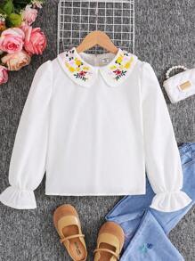 SHEIN Leap Crew Cô gái Tween Áo dài tay dệt cổ Peter Pan dễ thương - trắng - Xem 1