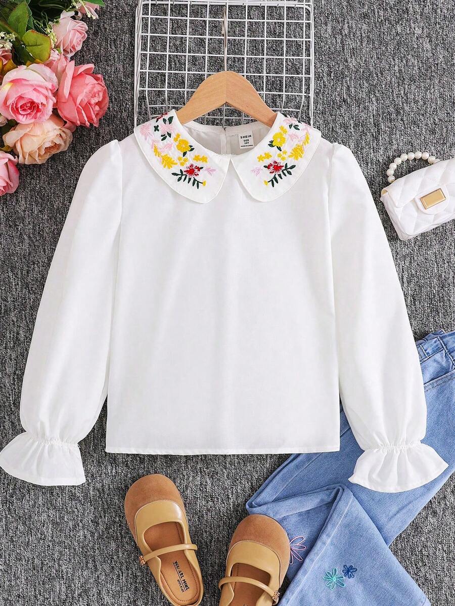 SHEIN Leap Crew Cô gái Tween Áo dài tay dệt cổ Peter Pan dễ thương - trắng - Xem 1