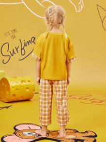 TOM & JERRY X SHEIN 卡通印花可爱黄色上衣和休闲格子裤睡衣套装，适合年轻女孩