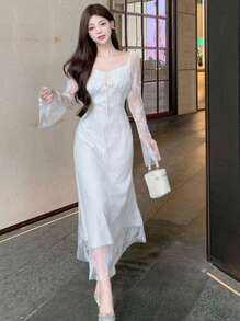 DAZY 女士蕾丝长袖方领中长款派对/舞会礼服太阳裙、秋装 - 白色 - 查看 3