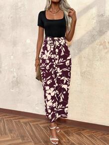 SHEIN LUNE 正面系带全印花连体裤，休闲 - 酒紅色 - 查看 5