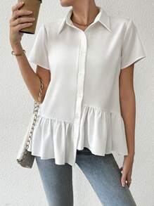 Chiquease Solid Color Asymmetrical Hem Short Sleeve Shirt - White - View 4