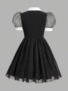 SHEIN Girlism 女童万圣节编织领泡泡短袖网眼连衣裙 - 黑色 - 查看 4