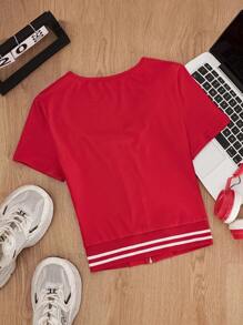 SHEIN Unity Letter Graphic Zip Up Crop Jacket For Summer - Red - View 2