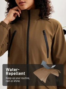 In My Nature 女士纯色拉链连帽夹克，带口袋，休闲外套 - 咖啡棕 - 查看 6